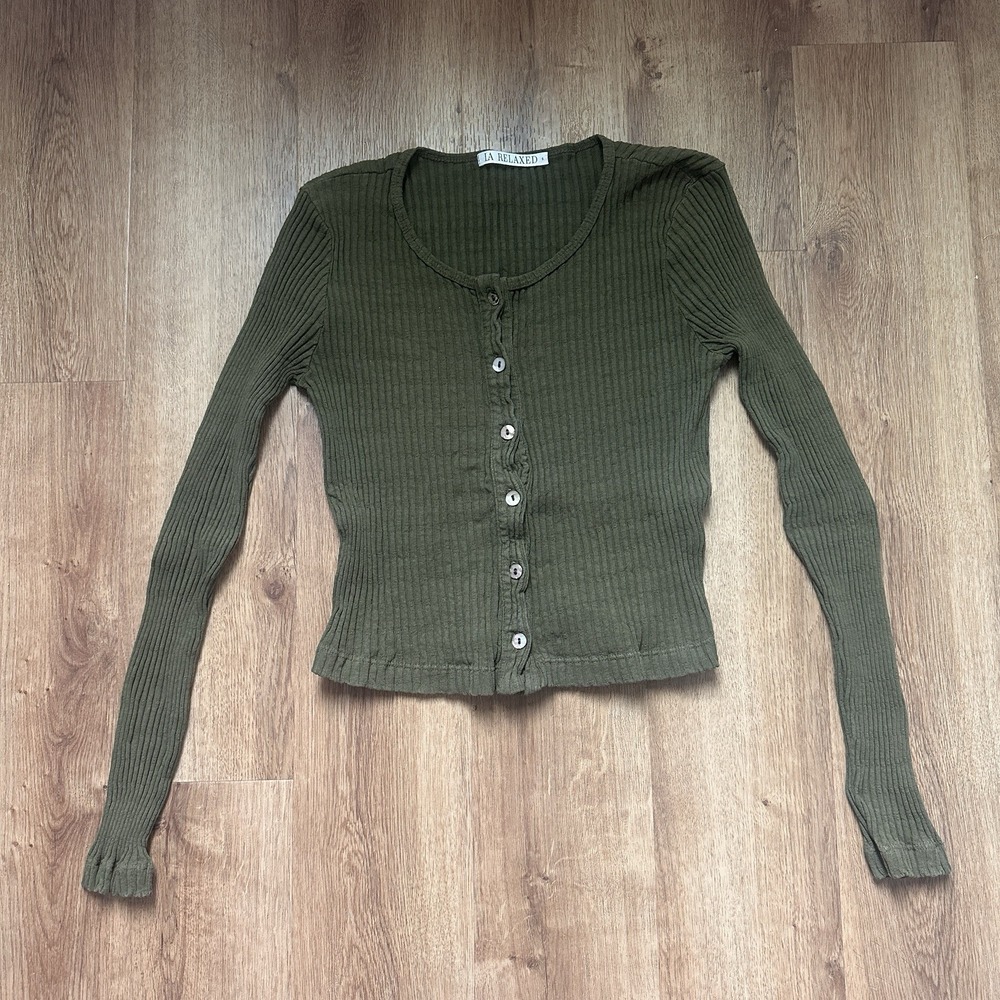 LA Relaxed Olive Green 100% Organic Cotton Pointelle Cardigan Size Small
